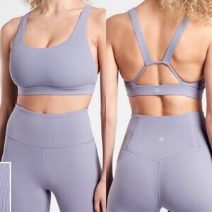 Athleta Exhale Rib Bra Cross Open Back In Tempest Violet L/XL Yoga Lightweight